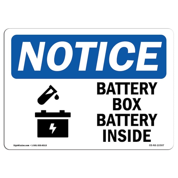 OSHA Notice Sign, 3.5" Height, Battery Box Battery Inside Sign With Symbol, Landscape, 10PK